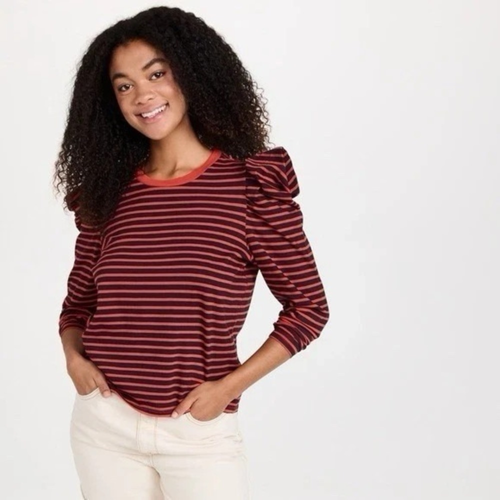 Clare V Le Puff Long Sleeve Striped Tee‎ Top In Red Women's Size L